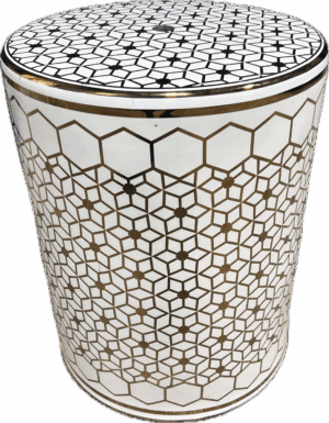 White Ceramic Garden Stool with Gold Geometric Print