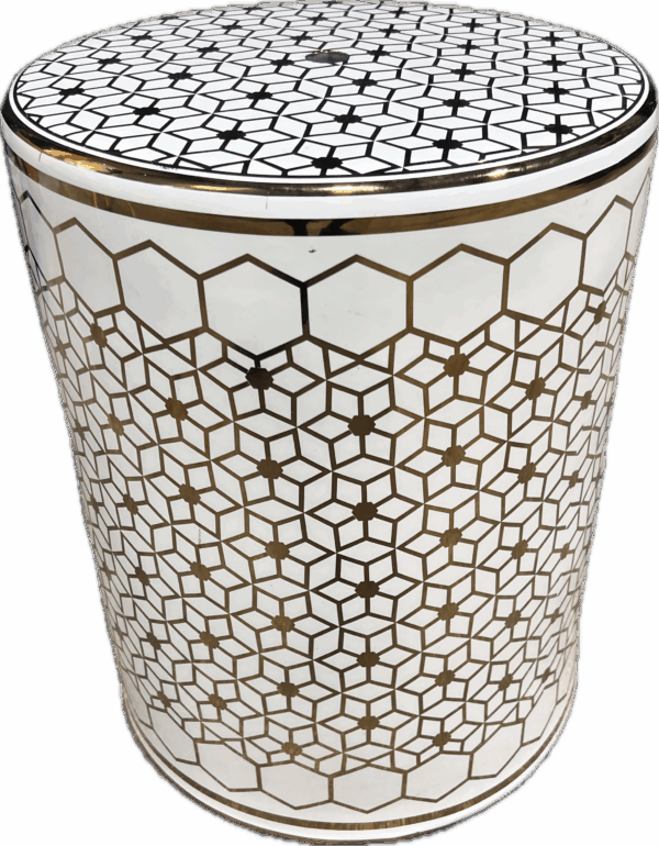 White Ceramic Garden Stool with Gold Geometric Print