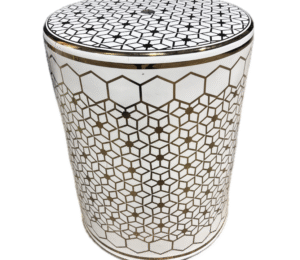 White Ceramic Garden Stool with Gold Geometric Print