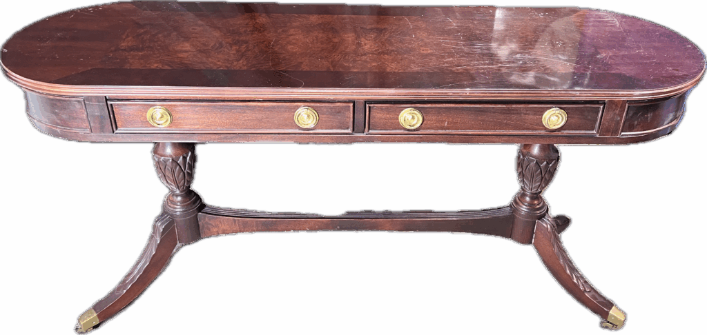 Wood Console Table with Carved Legs and Brass Wheels