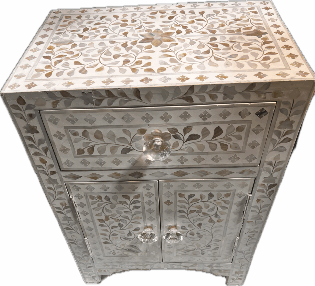 Mother of Pearl Inlay Cabinet with Storage and Crystal Knobs