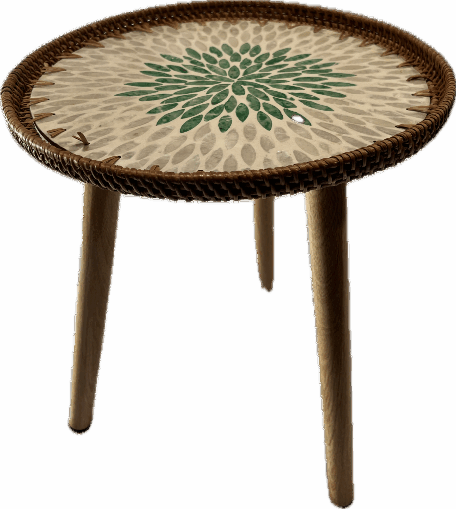 3 Legged Rattan and Faux Shell Table