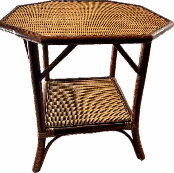 Octagonal 2-Tier Rattan Table with Dark Wood Frame