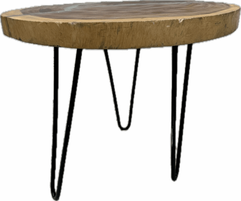 Round Wood and Resin Table with Hairpin Legs