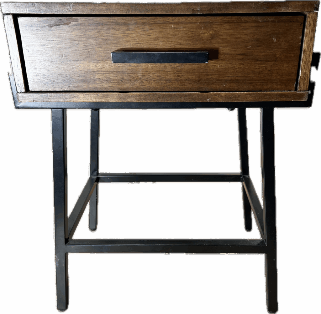 Dark Bedside Table with Black Metal Base and Drawer