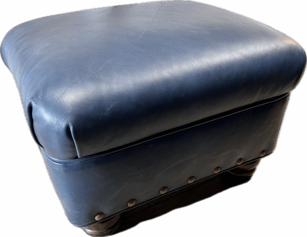 Blue Leather Ottoman with Gold Nailheads