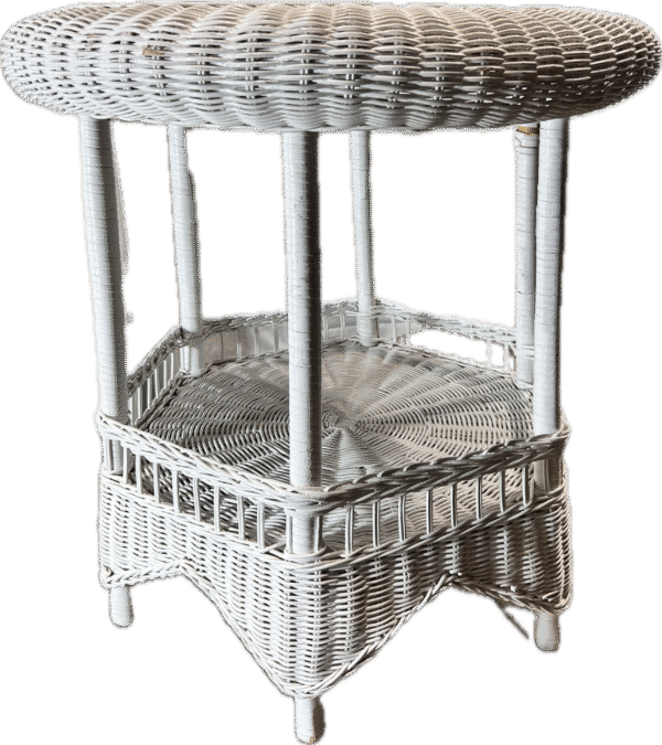 Round White Wicker 2-Tier Side Table