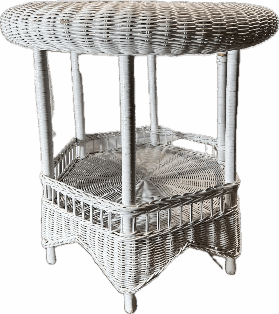 Round White Wicker 2-Tier Side Table