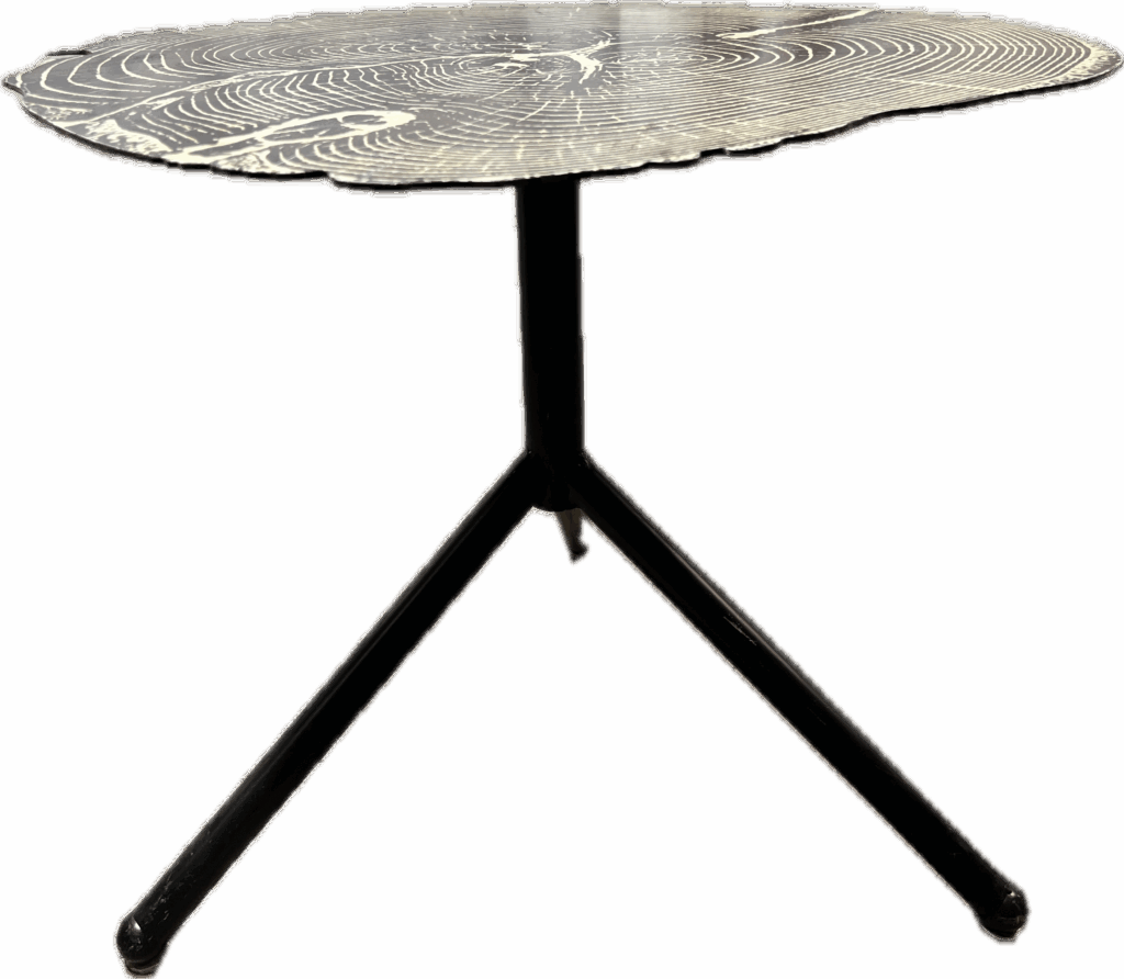 Black Metal Table with Tree Ring Design
