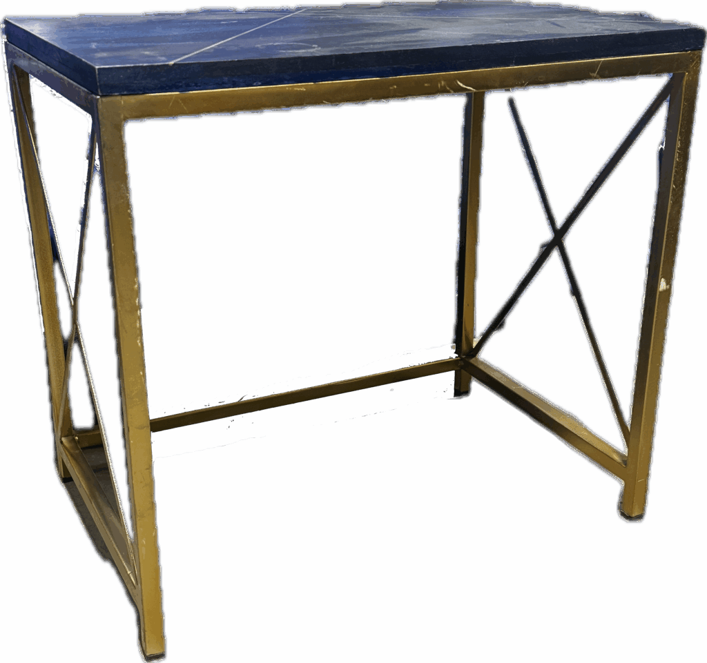 Navy Table with Gold Pattern on Top and X-Shaped Leg Details