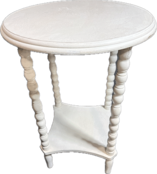 Round White 2-Tier Table with Spool Legs