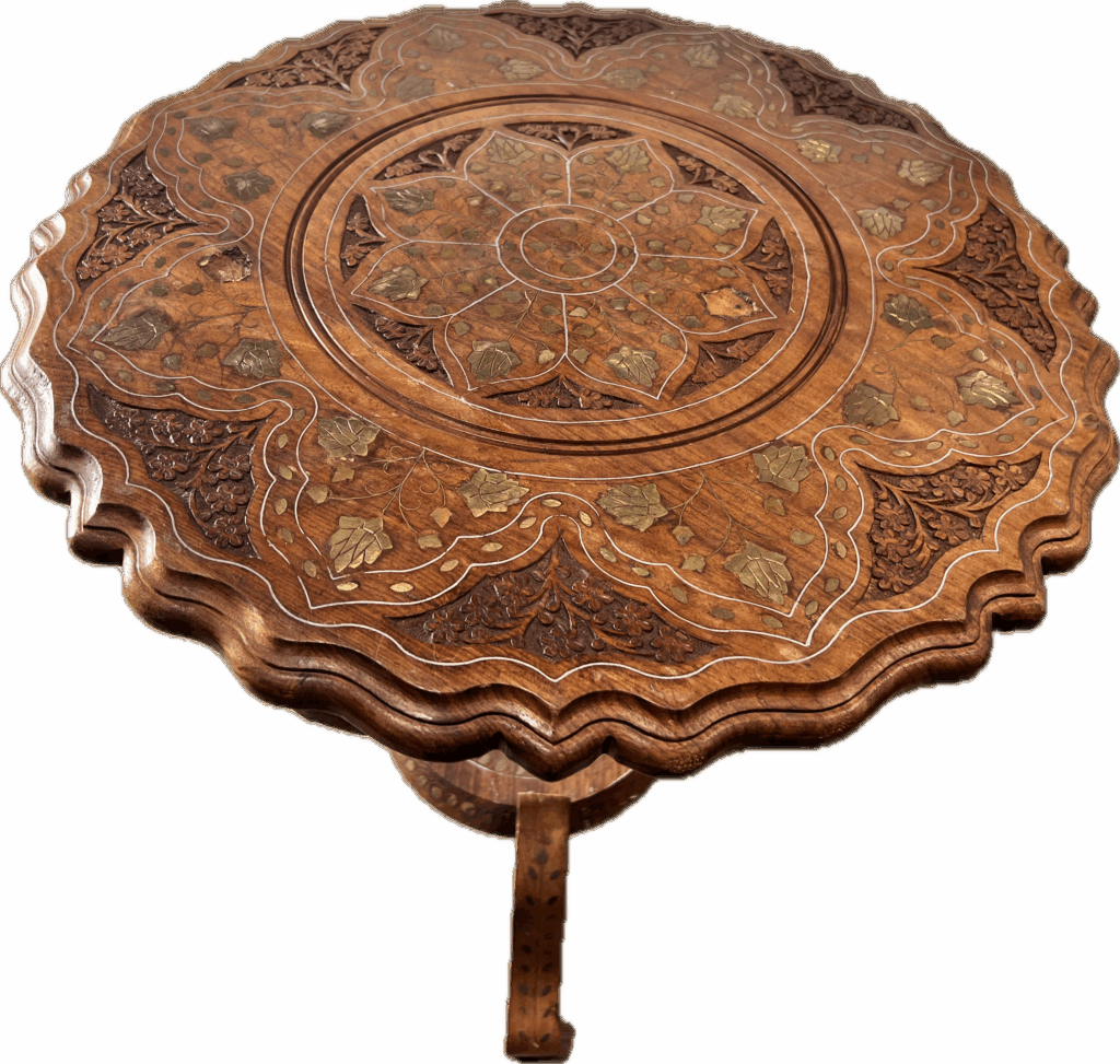Teak Round Table with Gold Patterned Accents