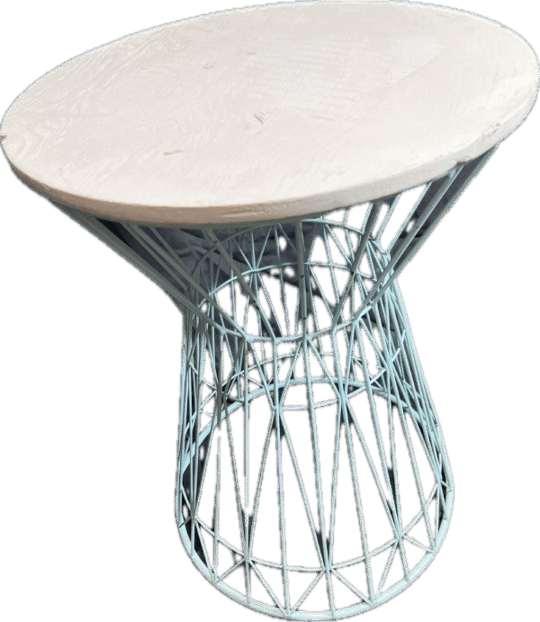 Round White Table with Blue Metal Geometric Base
