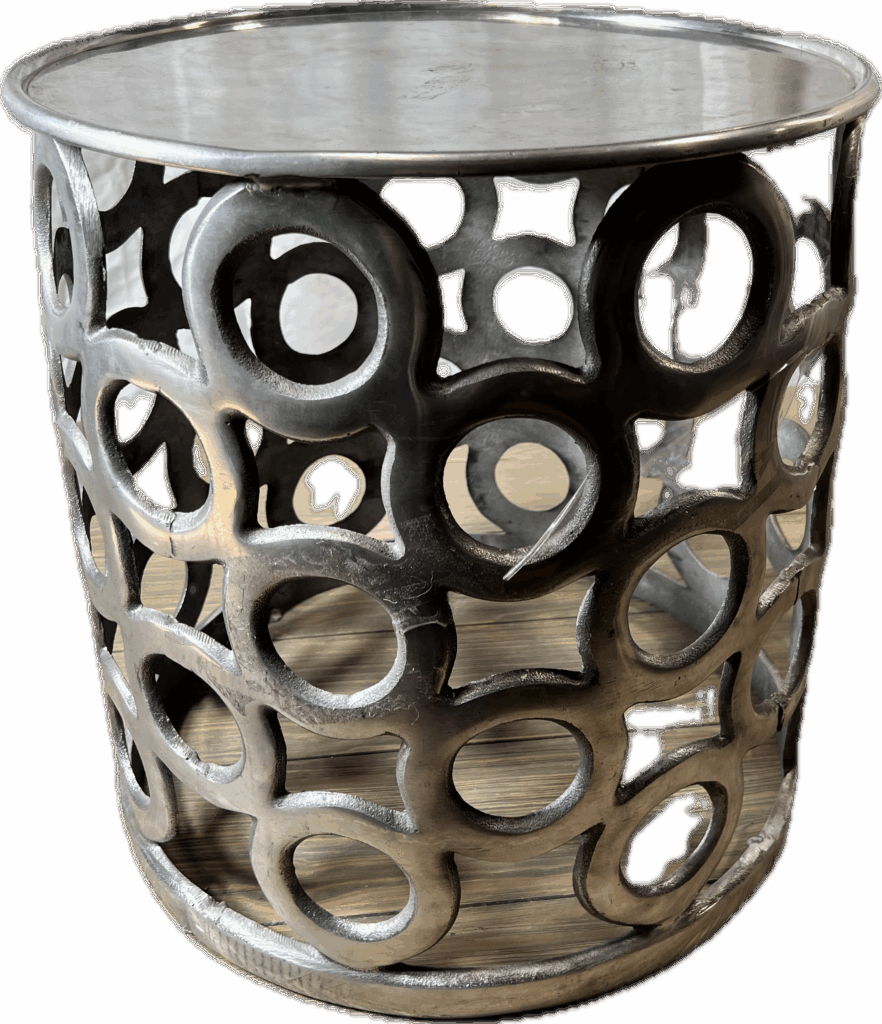 Silver Drum Table with Circular Cut Outs