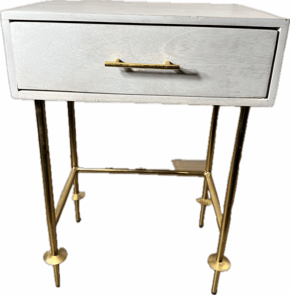 Weathered White Bedside Table with Gold Accents