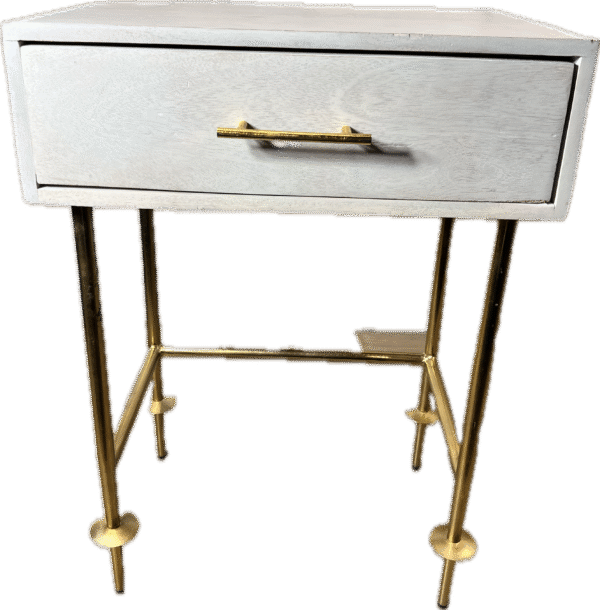 Weathered White Bedside Table with Gold Accents