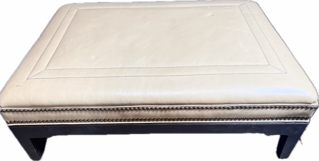 Bone Leather Stitched Ottoman with Gold Nailheads