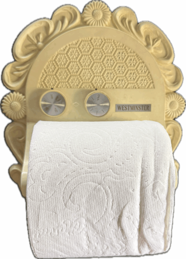 White Radio and Toilet Paper Holder with Floral Design