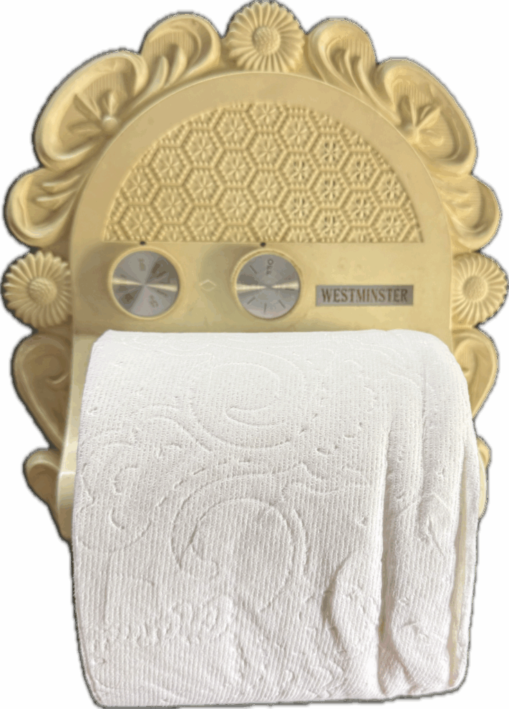 White Radio and Toilet Paper Holder with Floral Design