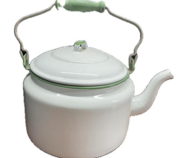 Vintage Ceramic White Kettle with Green Handle