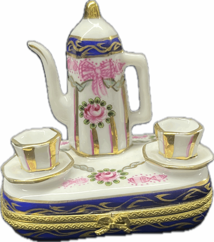 Porcelain Limoges Trinket Box with Tea Set Decoration