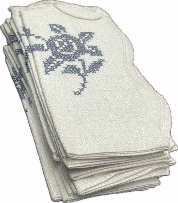 Scalloped Edge White Napkins with Grey Embroidered Flowers and Matching Tablecloth