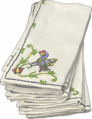 White Floral Embroidered Bird Napkins with Matching Tablecloth