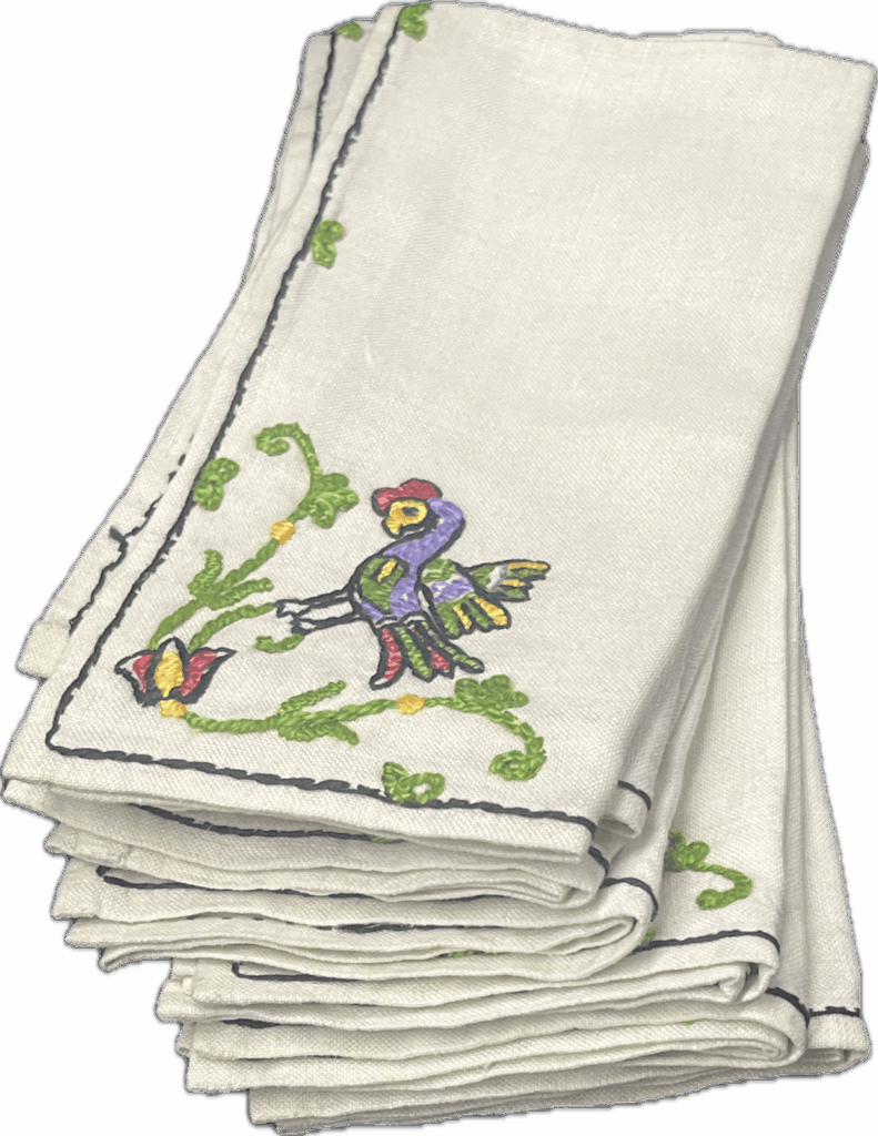 White Floral Embroidered Bird Napkins with Matching Tablecloth