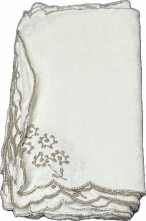 White and Taupe Floral Embroidered Dinner and Dessert Napkins
