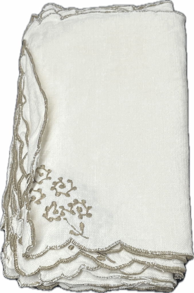 White and Taupe Floral Embroidered Dinner and Dessert Napkins