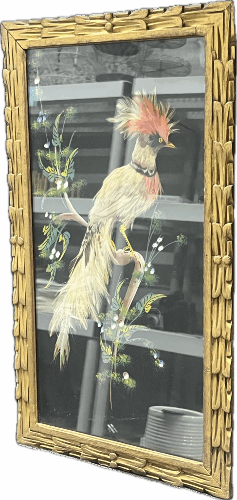 Feather Bird Artwork in Gold Frame Mexican Folk Art