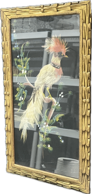 Feather Bird Artwork in Gold Frame Mexican Folk Art
