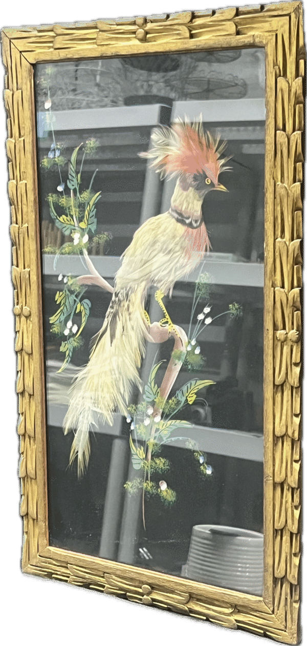 Feather Bird Artwork in Gold Frame Mexican Folk Art