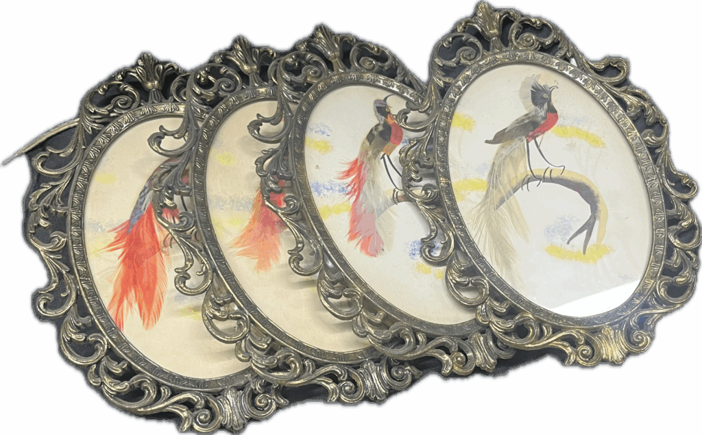 Feathered Bird Art in Round Gold Frame