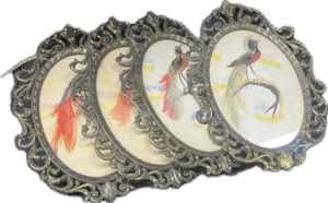 Feathered Bird Art in Round Gold Frame