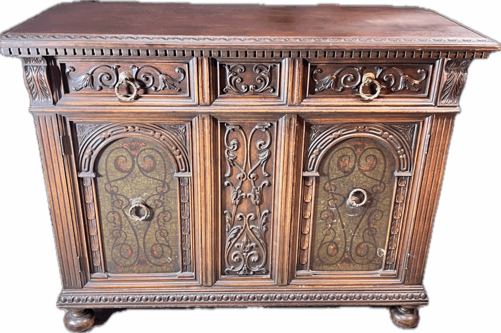 Vintage Dark Wood Sideboard with Carved Details