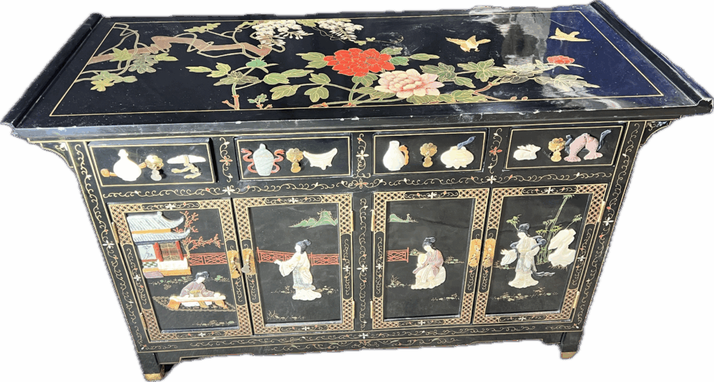 Asian-Inspired Black Cabinet with Floral Details