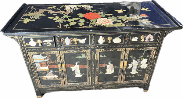 Asian-Inspired Black Cabinet with Floral Details
