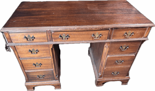 Antique Desk with 9 Drawers and Brass Hardware