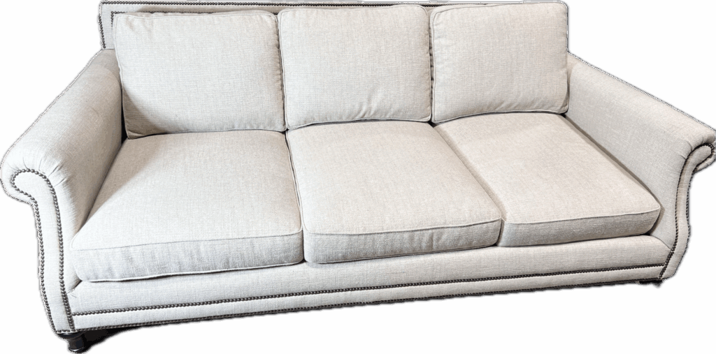 Beige Linen Sofa with Bronze Nailheads