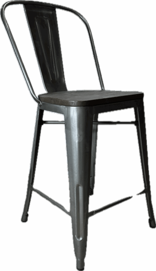 Silver Metal Industrial Counter Stool with Wood Seat