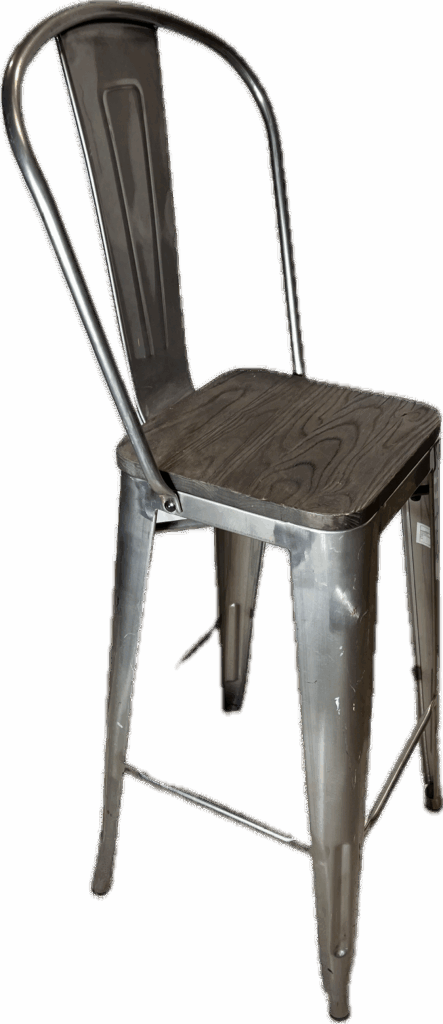Silver Metal Bar Stool with Back and with Wood Seat
