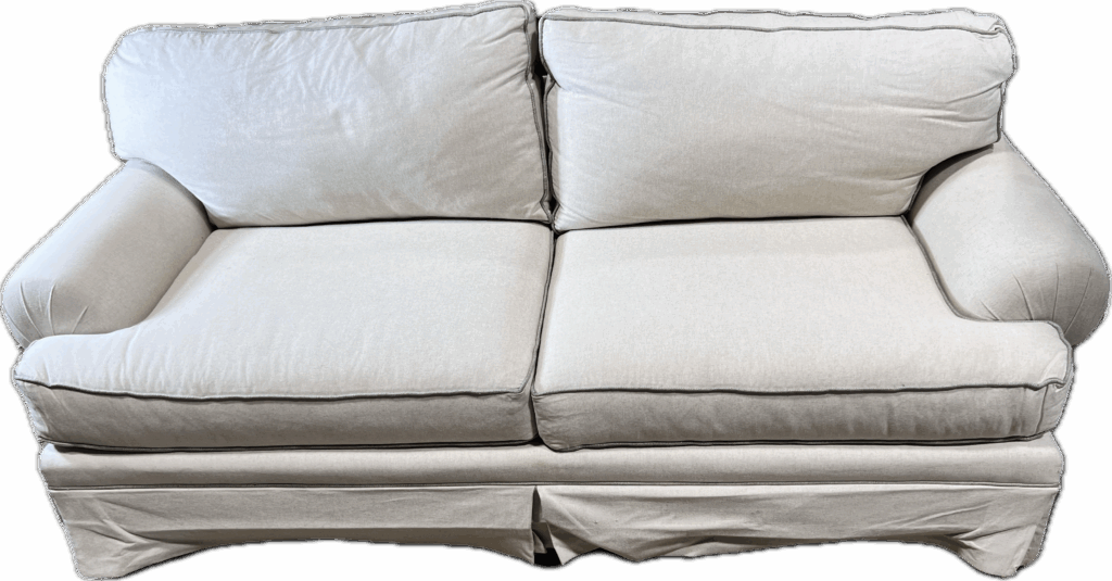 Beige Skirted Linen Sofa with Sage Piping