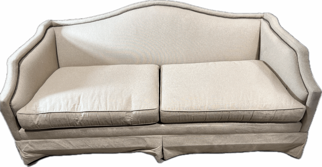 Beige Curve Back Sofa with Brass Nailheads