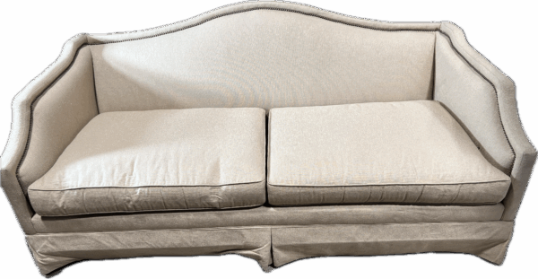 Beige Curve Back Sofa with Brass Nailheads