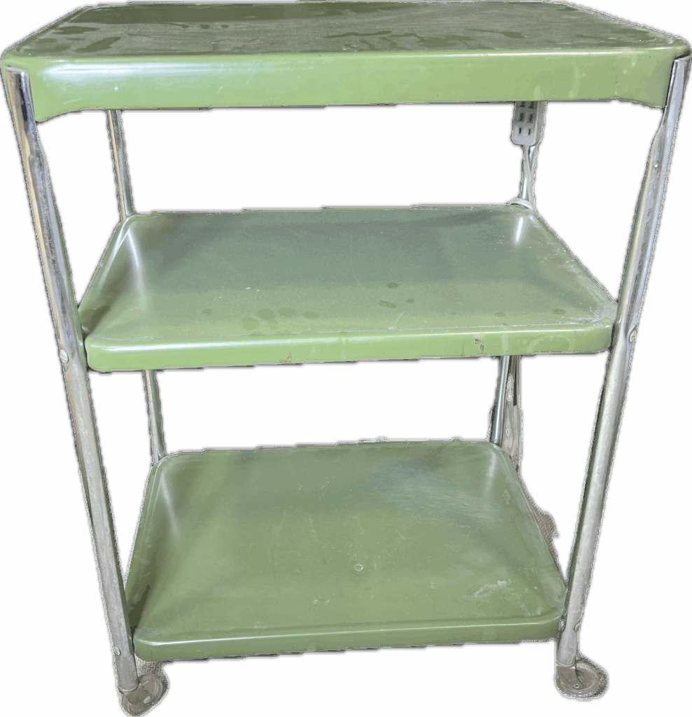 Mid-Century Green Metal 3-Tier Rolling Cart with Power Cord