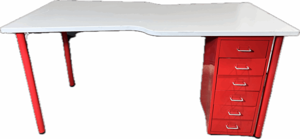 White Top Red Leg Desk with File Cabinet