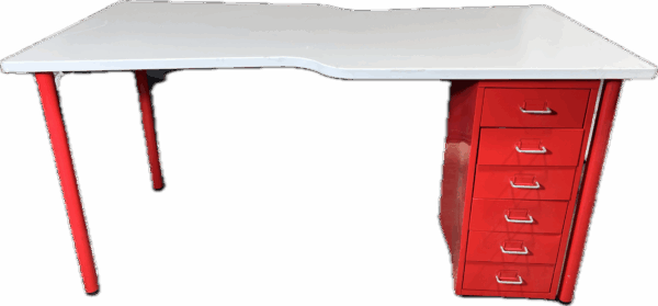 White Top Red Leg Desk with File Cabinet