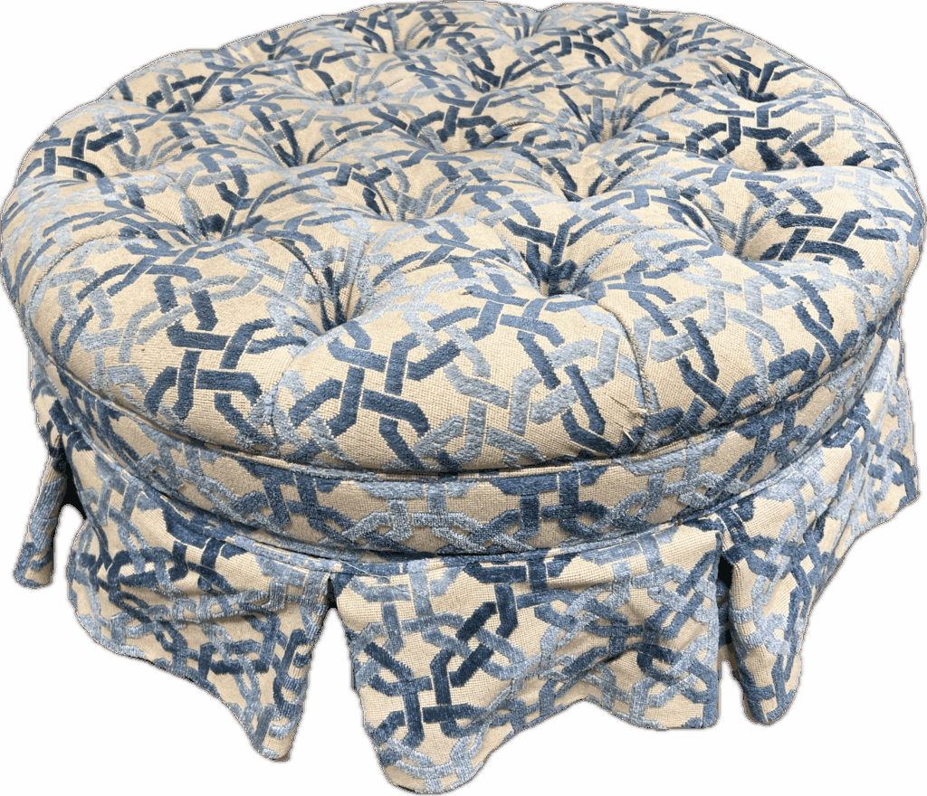 Blue and Ivory Round Tufted Cocktail Ottoman