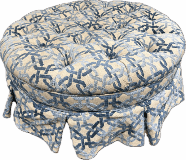 Blue and Ivory Round Tufted Cocktail Ottoman